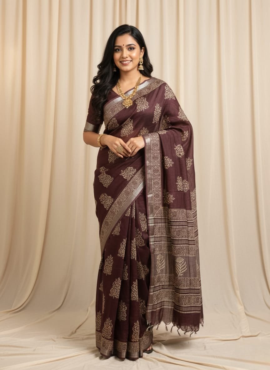 Hand Block Printed Linen Saree with Blouse